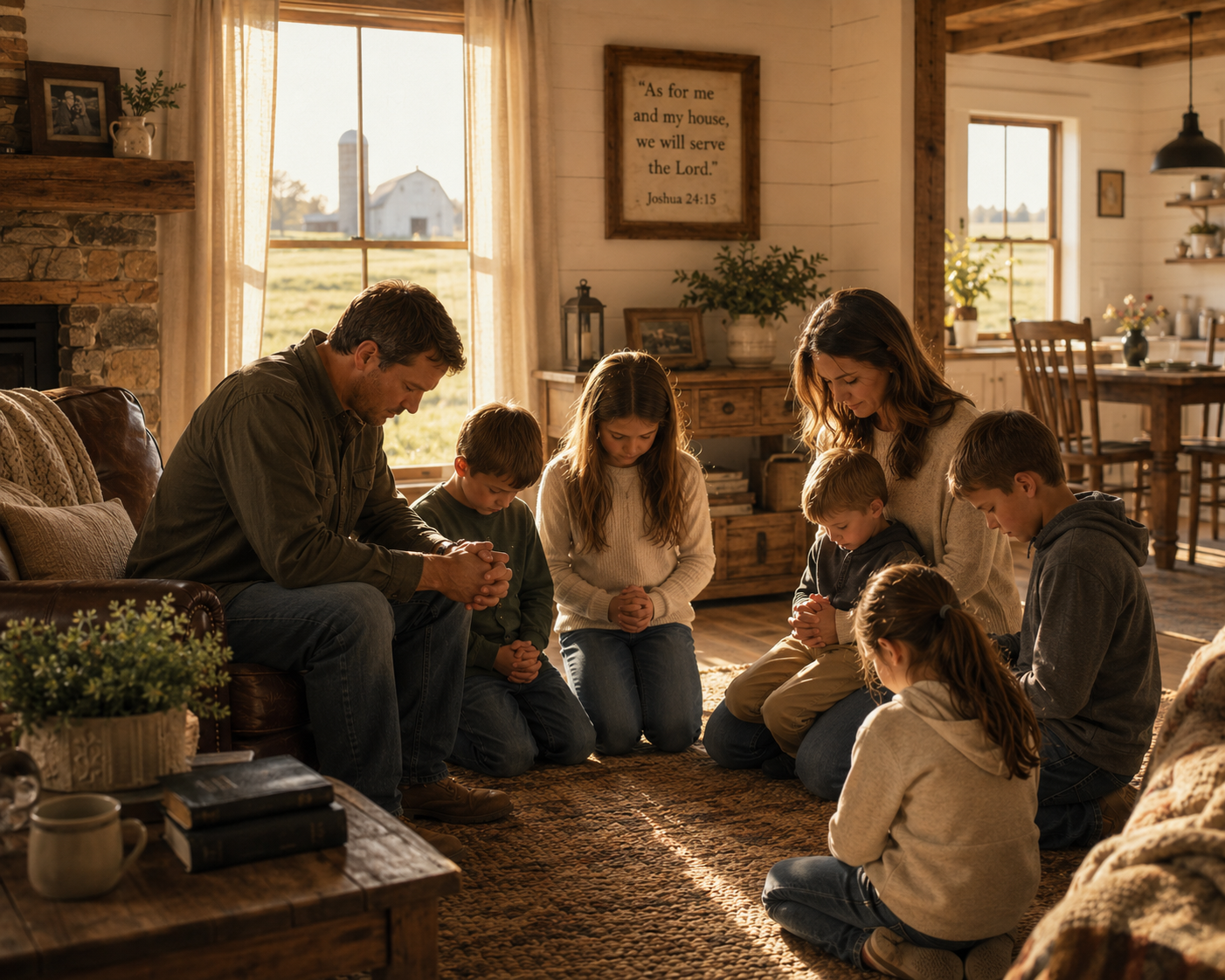 A family kneeling together in prayer in their living room