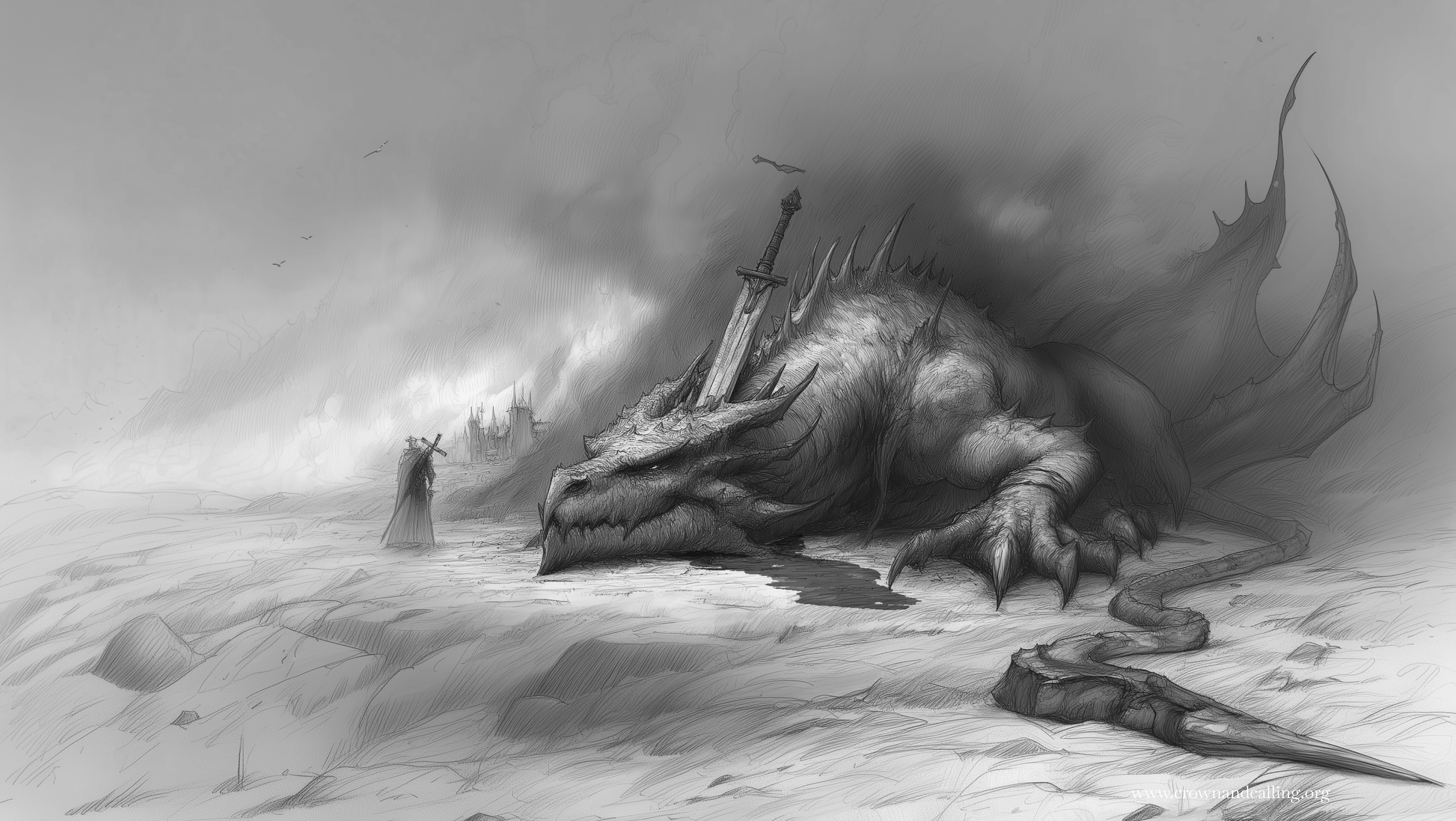 Christus Dominus album art: a pencil-sketch dragon slain by a sword outside a besieged city, with a lone knight approaching