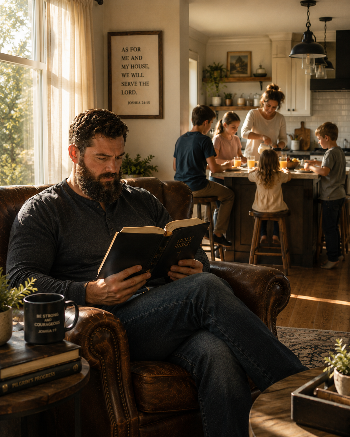 A father reading Scripture in the living room while his family gathers in the kitchen behind him