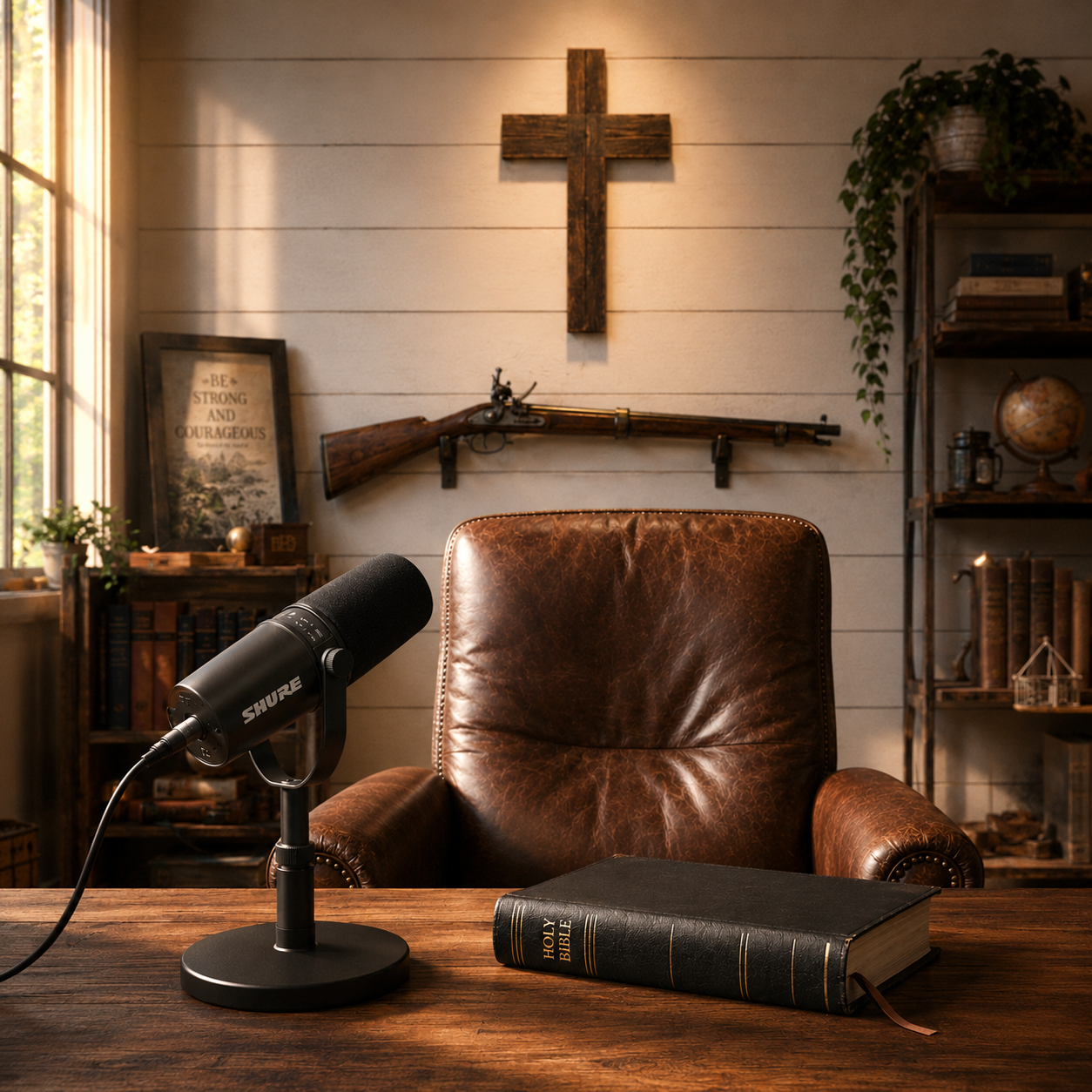 A podcast microphone and Bible on a desk in a study, with a cross and rifle mounted on the wall behind