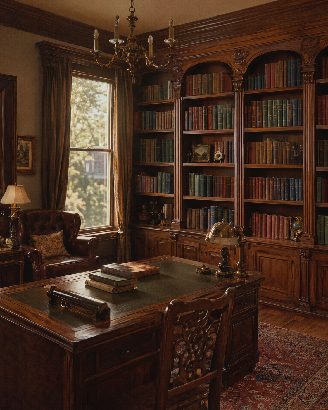 A wood-paneled home library lined with leather-bound books